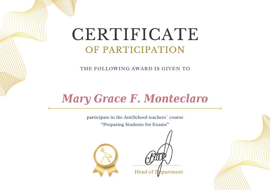 Сертифікат Mary Grace F. Monteclaro