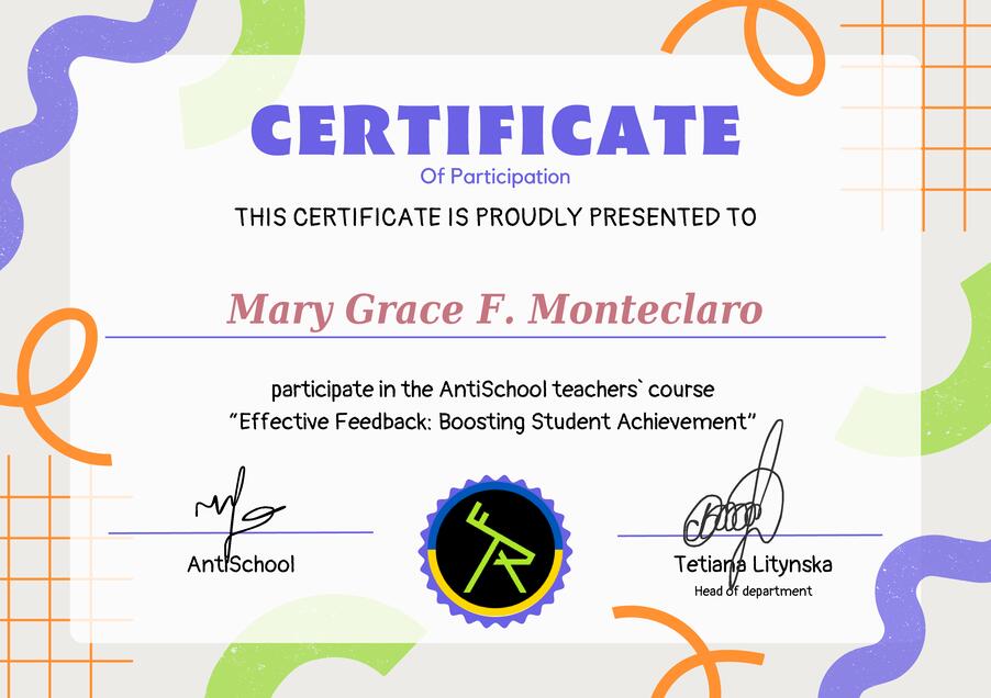 Сертифікат Mary Grace F. Monteclaro